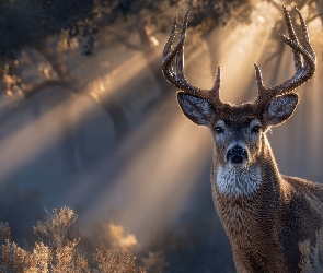 Grafika AI, Przebijające światło, Jeleń, Las
