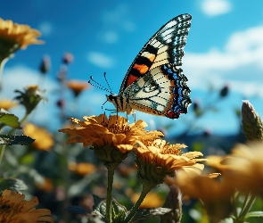 Grafika, Niebo, Motyl, Kwiaty