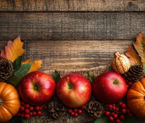 Dynie, Szyszki, Liście, Jabłka, Grafika AI, Czerwone, Kompozycja, Deski