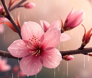 Deszcz, Pąki, Różowy, Kwiat
