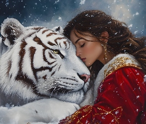 Tygrys, Płaszcz, Czerwony, Dziewczyna, Biały