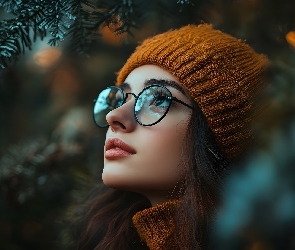 Szatynka, Okulary, Czapka, Brązowa, Kobieta