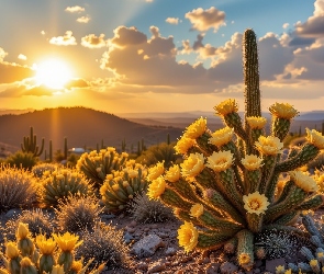 Kaktusy, Słońce, Kwitnące, Kwiaty, Kępki, Żółte, Roślin, Góry