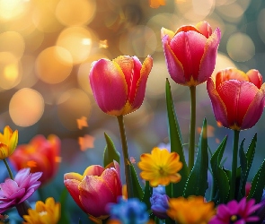 Bokeh, Tulipany, Kwiaty, Czerwono-żółte