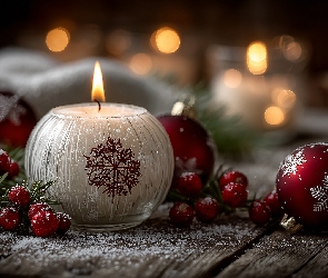 Grafika AI, Bombki, Biała, Boże Narodzenie, Świeca, Czerwone