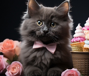 Lody, Kwiaty, Kot, Puszysty, Różowa, Muszka