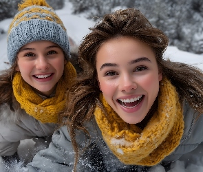 Zima, Szaliki, Młode, Dwie, Roześmiane, Dziewczyny