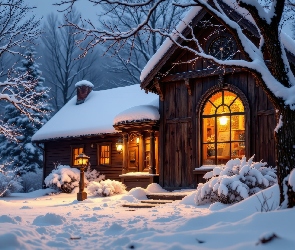 AI, Latarnie, Światła, Śnieg, Drzewa, Las, Krzewy, Noc, Zima, Dom