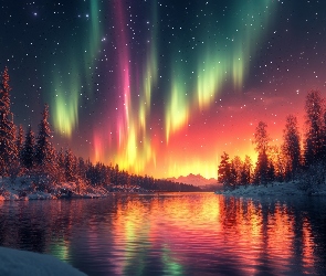 Grafika AI, Zorza polarna, Jezioro, Drzewa