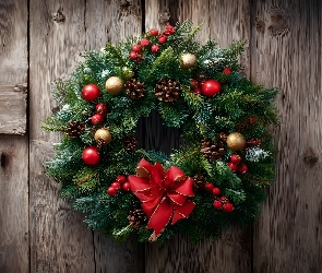 Czerwona, Kokarda, Wianek, Deski, Bombki, Boże Narodzenie, Świąteczny