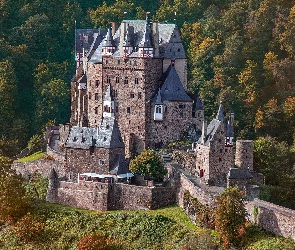 Jesień, Drzewa, Zamek Eltz, Niemcy, Wieża, Las