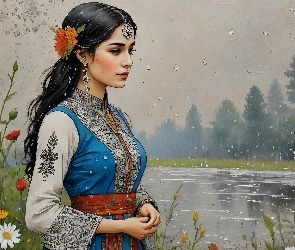 Deszcz, Drzewa, Brunetka, Grafika, Kwiaty, Kobieta, Rzeka