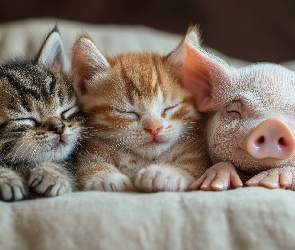 Prosiaczek, Kotki, Dwa, Świnka, Koty, Śpiące, Małe