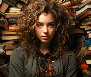 Książki, Spojrzenie, Długie, Dziewczyna, Włosy, Kręcone