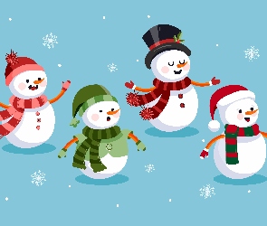 Bałwanki, 2D, Niebieskie tło, Śnieżynki, Cztery