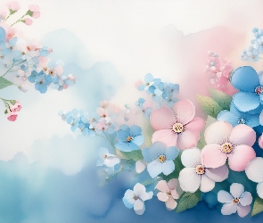Białe, Grafika, Kwiaty, Różowe, Niebieskie