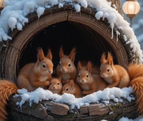 Dziupla, Lampiony, Zima, Śnieg, Wiewiórki