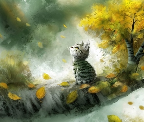 Grafika AI, Liście, Kot, Mały, Szary, Drzewo