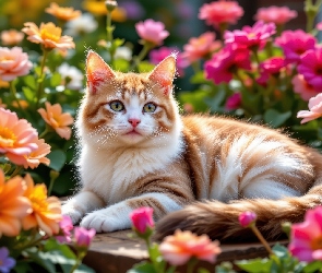 Kwiaty, Spojrzenie, Biało-rudy, Kot