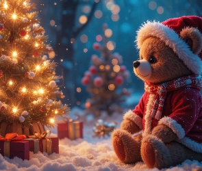 Prezenty, Śnieg, Choinka, Boże Narodzenie, Miś pluszowy, Czapka