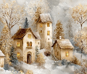 Grafika AI, Domy, Drzewa, Zima