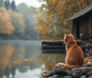 Kot, Dom, Jezioro, Kamienie, Rudy