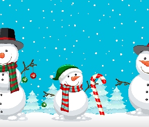 2D, Śnieg, Bombki, Trzy bałwanki, Laska, Drzewa