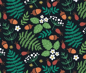 Kwiaty, Białe, Liście, Żołędzie, Truskawki, Tekstura, Paprocie