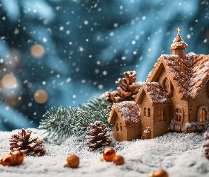 Dekoracja, Gałązki, Domek, Świąteczna, Zielone, Zima, Szyszki