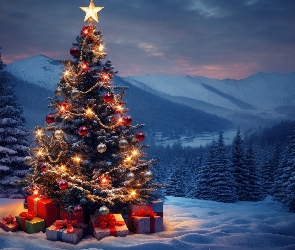 Drzewa, Góry, Choinka, Grafika, Zima, Boże Narodzenie, Prezenty