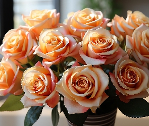 Brzoskwiniowe, Wazon, Bukiet, Róże, Kwiaty