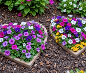 Serca, Klomby, Kolorowe, Kwiaty