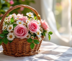 Listki, Stokrotki, Bukiet, Okno, Róże, Koszyk, Kwiaty
