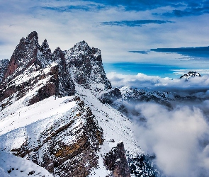 Chmury, Szczyt Seceda, Południowy Tyrol, Zima, Dolomity, Włochy, Góry