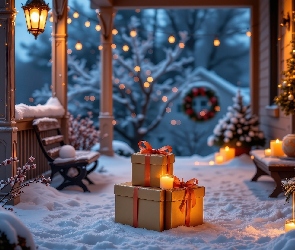 Krzewy, Lampiony, Śnieg, Boże Narodzenie, Prezenty, Zima, Ławki