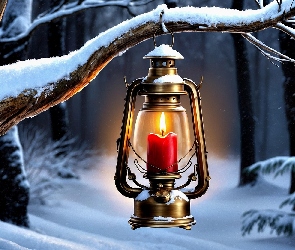 Lampion, Gałęzie, Zima, Grafika, Oszronione, Las, Drzewa