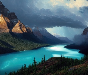 Jezioro, Lasy, Park Narodowy Banff, Góry, Alberta, Peyto Lake, Kanada, Chmury