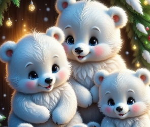 Białe, Śnieg, Choinka, Misie, Trzy