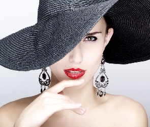 Kolczyki, Makijaż, Kobieta, Kapelusz