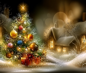 Choinka, Noc, Boże Narodzenie, Śnieg, Bombki, Domy, Grafika AI, Prezenty