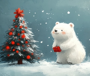 Grafika, Choinka, Biały, Boże Narodzenie, Niedźwiadek, Prezent