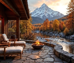 Góry, Dom, Jesień, Rzeka, Ogień, Drzewa, Fotele, Taras