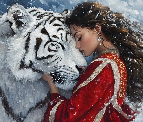 Dziewczyna, Tygrys, Biały, Szatynka, Długowłosa