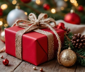 Gałązki, Szyszka, Prezent, Świąteczne, Bombki, Czerwony, Kokarda