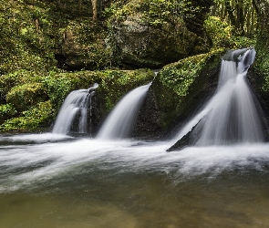 Luksemburg, Mała Szwajcaria, Drzewa, Mullerthal, Most, Rzeka, Omszone, Skały, Wodospad Schiessentumpel, Las