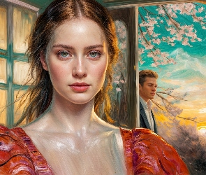 Czerwona, Grafika, Mężczyzna, Bluzka, Kobieta