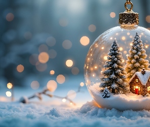 AI, Domek, Bombka, Boże Narodzenie, Śnieg, Choinki