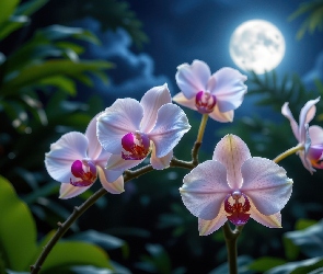 AI, Księżyc, Storczyk, Kwiaty, Liście, Noc