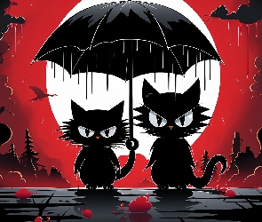 Deszcz, Padający, Dwa, Grafika, Koty, Parasolka