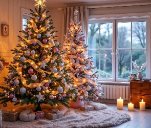 Prezenty, Bombki, Boże Narodzenie, Salon, Dwie, Choinki